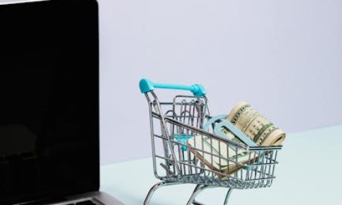 Mini shopping cart with rolled cash next to a laptop, representing online shopping.